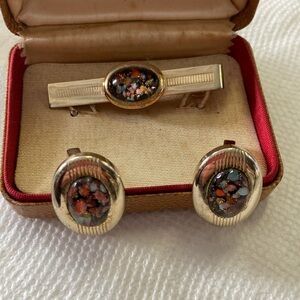 Vintage men’s Anson Cuff Links & Tie Clip Bar Gold Tone Glass